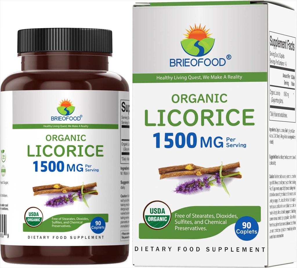 Brieofood Organic Licorice 1500mg, 45 Służenie, Wegetarianin, Gluten Free, 90 Tabletki wegetariańskie