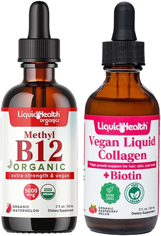 LIQUIDHEALTH Organic Methyl B12 5000mcg Witamina Krople z Tarta Sok wiśniowy & 100% Vegan Plantan- Based Collagen Plus Biotin Drops - Natural Energy Boost, Poprawa ostrości, Wzrost włosów i paznokci, Zdrowie skóry