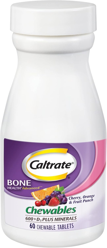 Kaltrate Chewables 600 Plus D3 Plus Minerały Suplement witaminy wapniowej D, Cherry, Pomarańczowy i Owocowy Punch - 60