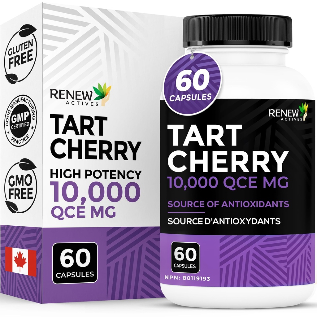 Renew Actives Tart Cherry Extra 500 mg na 2 kapsułki - Wysokiej mocy przeciwutleniacz do bezpłatnej ochrony radykalnej & Wellness - 60 Kapsułki easyto- Połknięcie - Made in Canada