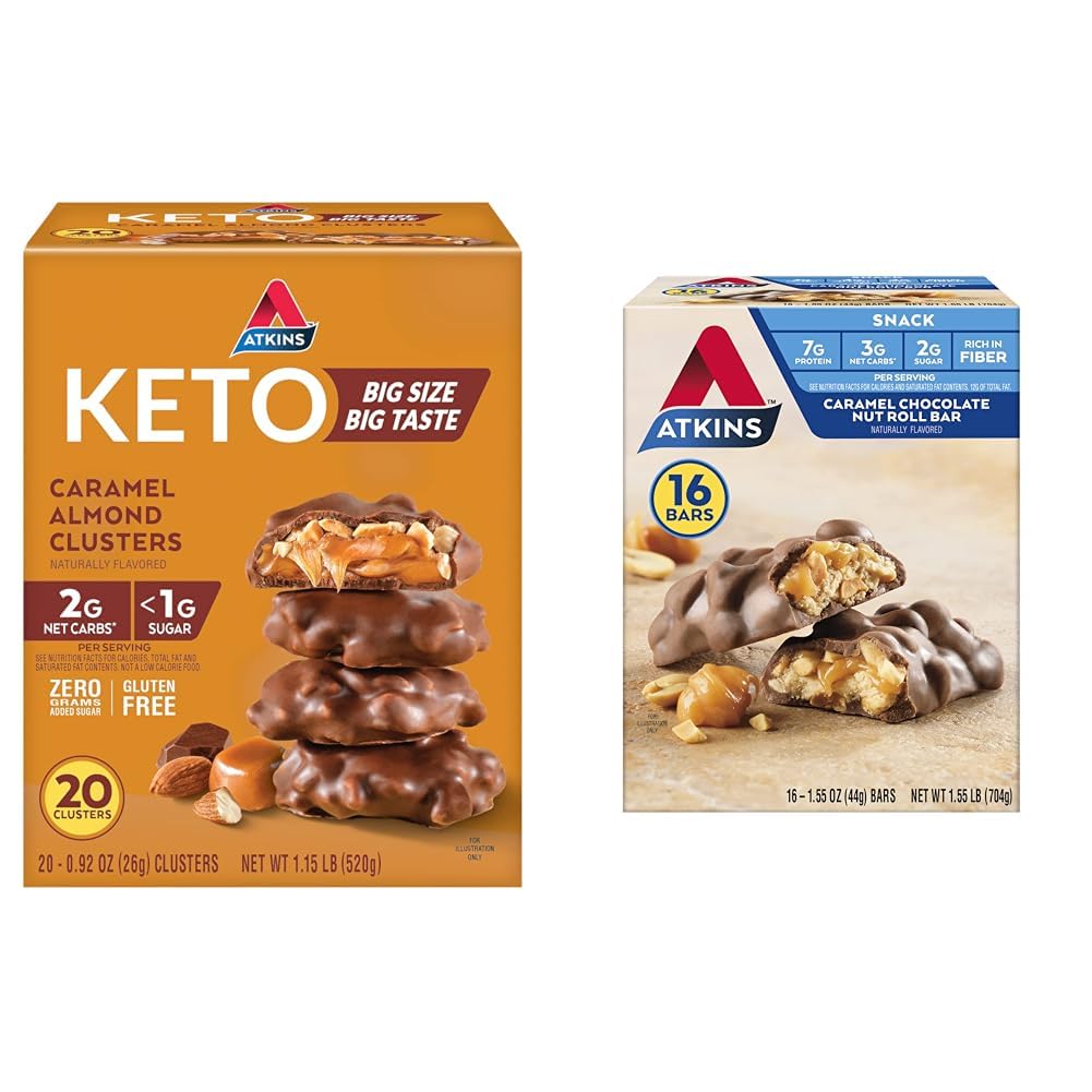 Atkins Karmel Almond Clusters, Gluten Free, Wysoka w włóknie, 1 g cukru, 2g netto Carb, Keto Friendly, 20 Count & Carmel Chocolate Nut Roll Snack Bar, Przekąski protein, Wysoka w włóknie, 2g cukru, 16