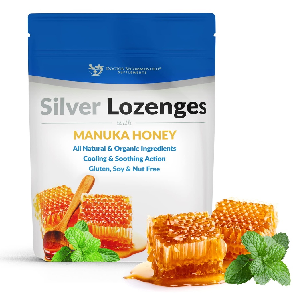 Srebrne Lozenges z organicznym miodem Manuka i witaminą C - All- Natural Nano Silver 45- 50mcg 60 PPM Colloidal Silver Mineral Drops do wsparcia układu immunologicznego, Soothe, Cool Cough & Throat, 24- Lozenges