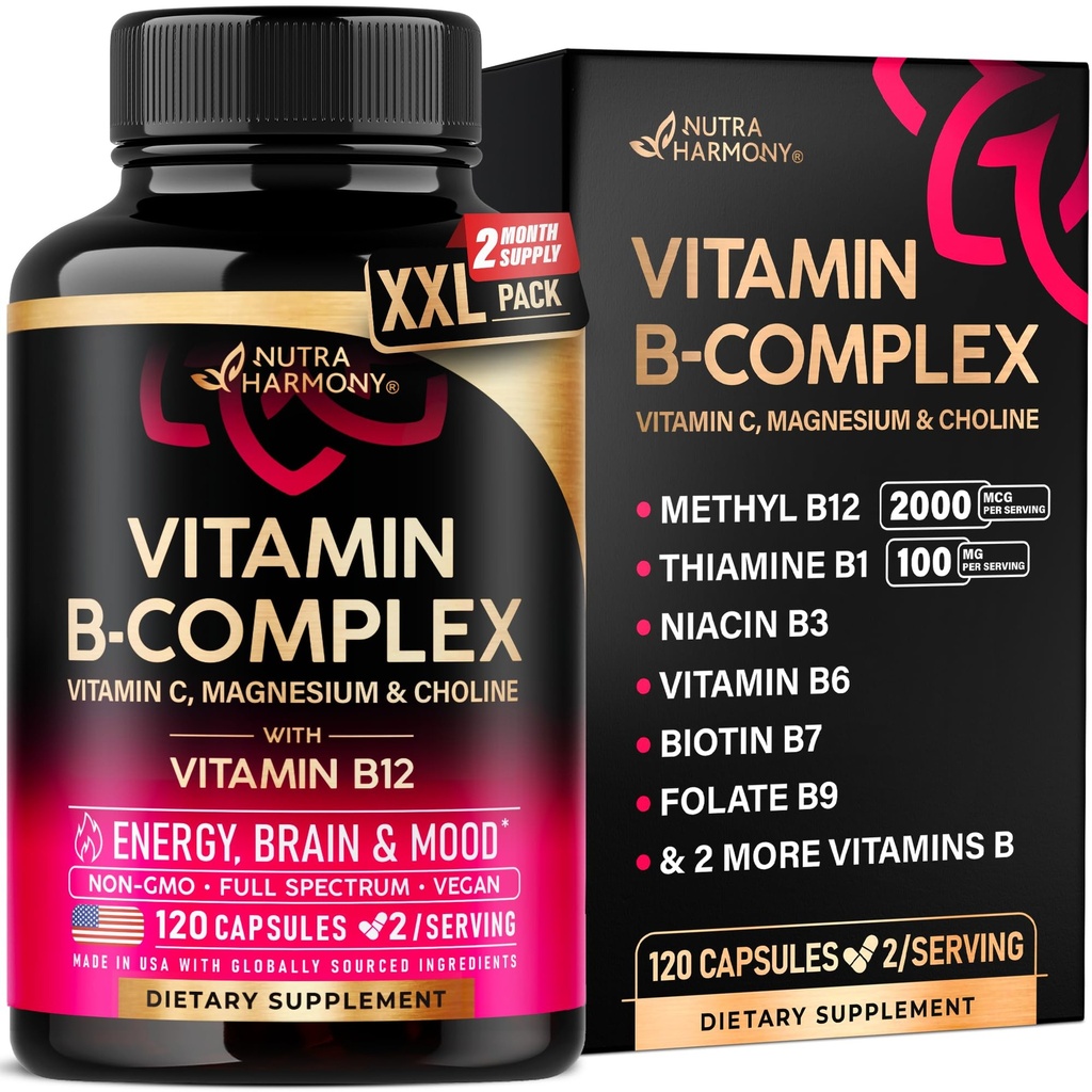 Witamina B Complex for Men & Women - Made in USA - B- Complex: B1, B2, B3, B5, B6, B7, B8, B9, B12 with Witamina C, Cholina, Inozytol - Energy, Brain & Heart Supplement, 120 Vegan kapsułki
