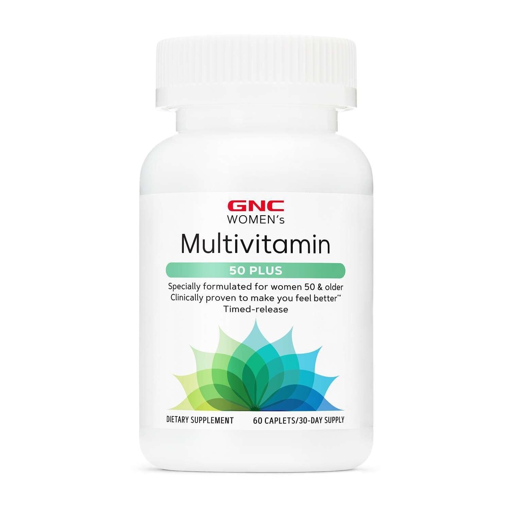 GNC Women 's Multivitamin 50 Plus, Wspiera kości, oczu, pamięci, mózgu i skóry Zdrowie z witaminą D, Wapnia i B12, Pomaga zwiększyć produkcję energii, 60 Kapsułki