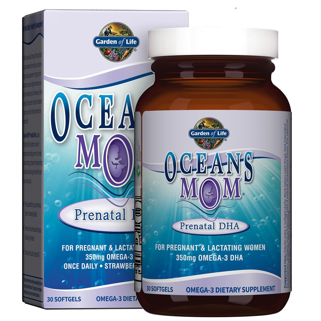 Garden of Life Oceans Mama Prenatal Fish Oil DHA, Omega 3 Suplement - Truskawka, 350mg Prenatal DHA Ciąża Fish Oil Support for Mamas, Babys Brain & Eye Development, 30 Małe softgels