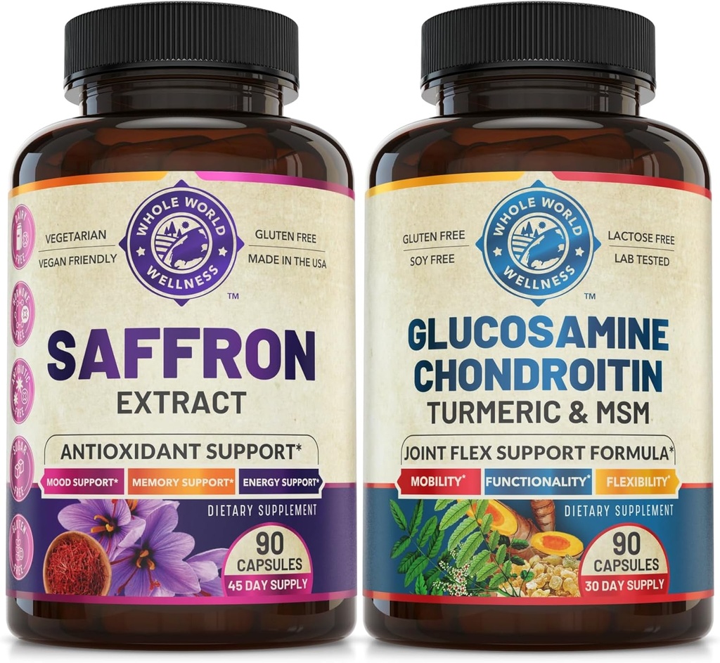 Pure Saffron Extract & Advanced Joint Support Bundle (Każda butelka). Wspiera nastrój, energię, funkcje metaboliczne i wspólne zdrowie. USA Made.