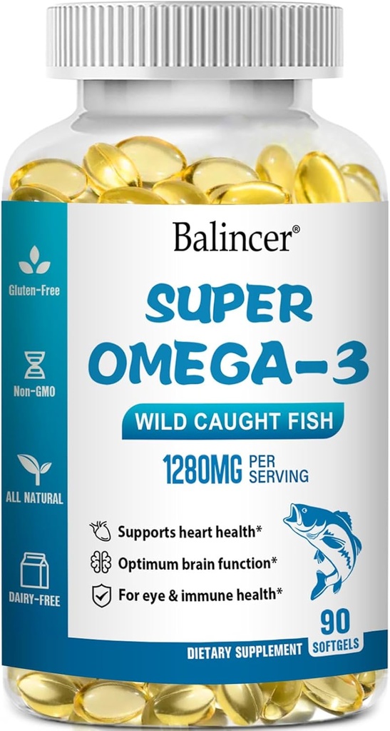 Omega 3 Suplementy oleju rybnego, 1280 mg Omega-3 Kwasy tłuszczowe w tym EPA i DHA, Wild- Caught Burpless Fish Oil Supplements Supports Heart, Mózg i Eye Health, 90 Softgels