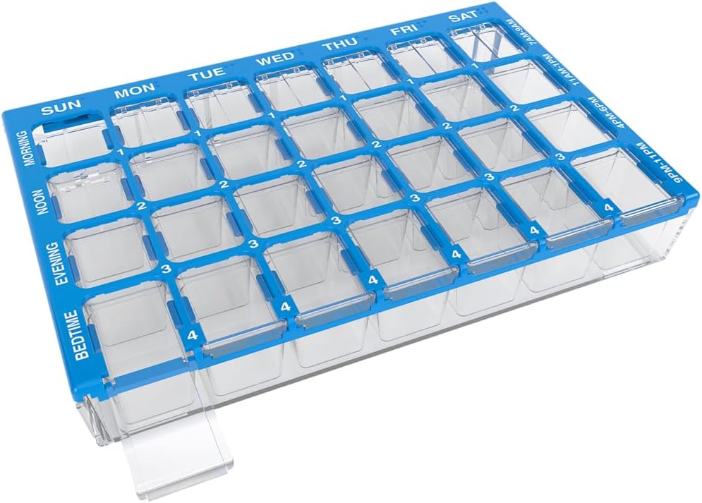 EZY DASE Pill Organizator Cotygodniowe (7- Day), Medicine Planner, Witamina Box, Małe Komory z Easy Full Tray Case, 4 razy dziennie, Łatwy w użyciu kontenerów, Przezroczyste lidów, Niebieski, BPA Free