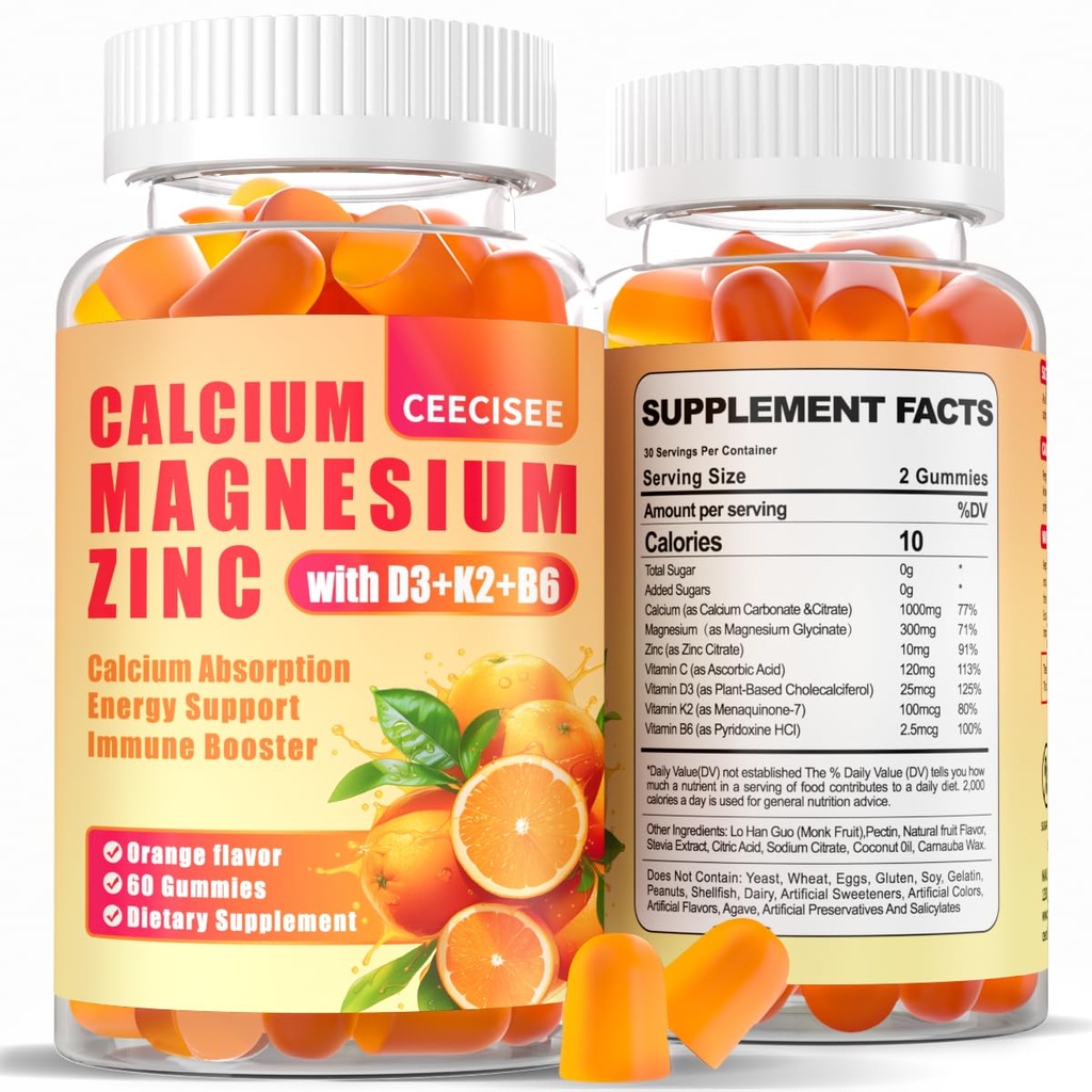 Cynk wapniowy Gummeje z D3 & B6 & K2,1000mg Gummeje wapniowe z 300 mg Magnezu Wsparcie immunologiczne dla dorosłych i młodzieży, Bez cukru (120Count)