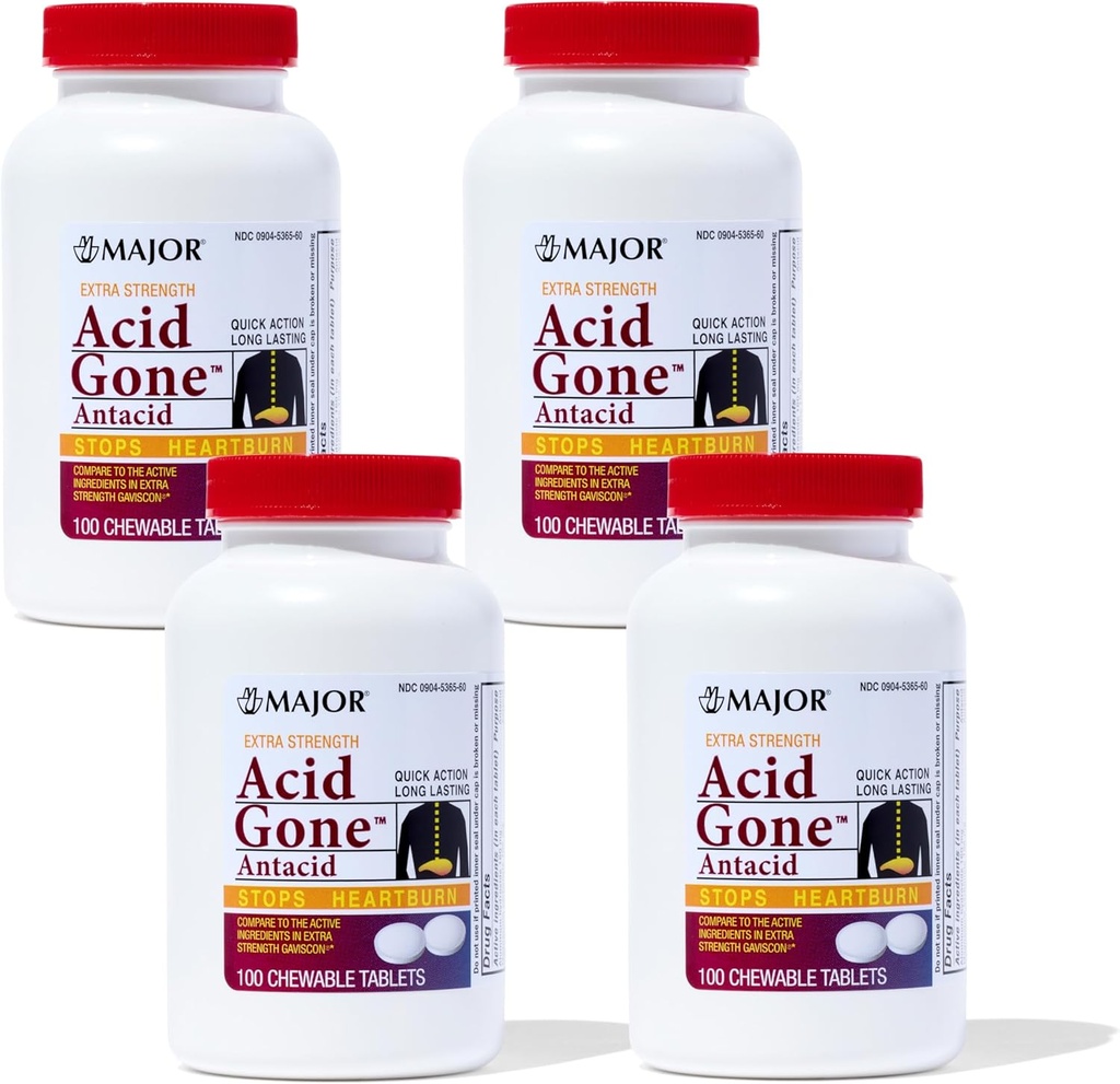 Major Acid Gone Extra Strength Antacid Chewable Tablets - Anti- Acid Relief - Acid Reflum Medicine dla dorosłych - Zdenerwowane żołądki, Niestrawność kwaśna, i Heartburn Relief - Long- Lasting - 100- Count (4 Pack)
