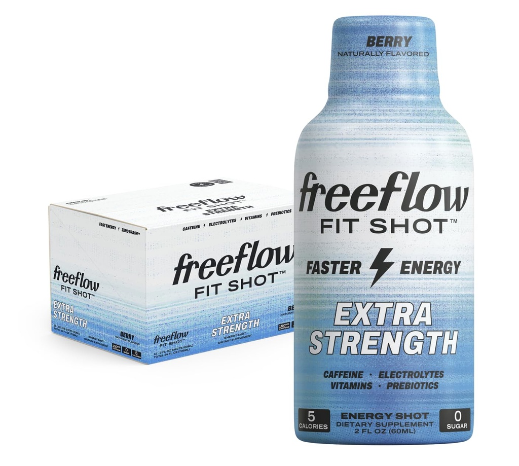 Freeflow Fit, Extra Siła Energy Shot, Berry (2 Ounce Shot, Pack of 12) - 150mg kofeiny per Shot, Zero Calorie, Zero Sugar Energy Shot...