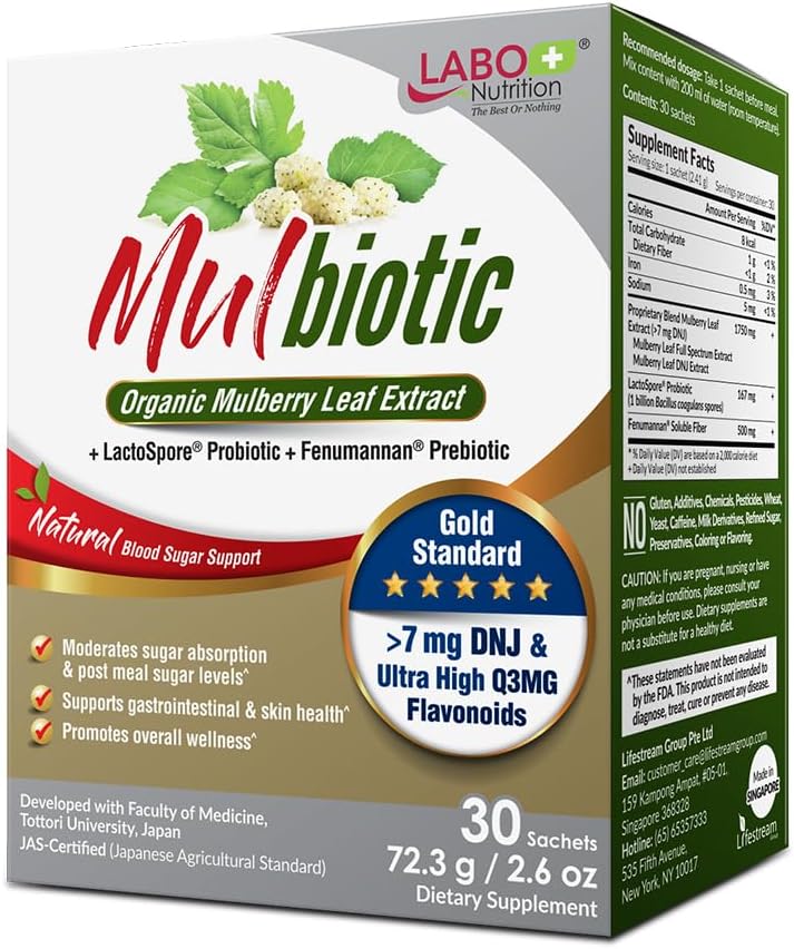 Labo Nutrition Mulbiotic, Organic Mulberry Leaf Extract + LactoSpore Probiotic & Fenumannan Prebiotic, dla wsparcia życzeń węglowodanów, Wegetarian, Non-GMO