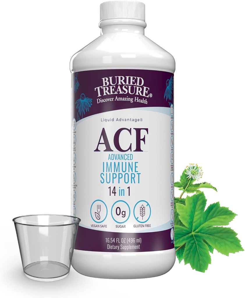 Pochowany Skarb ACF Immune Support - 16 oz, 16 Służenia, Witamina C, Elderberry, Cynk, Liquid Immune Booster z witamin i minerałów w / Puchar dawki