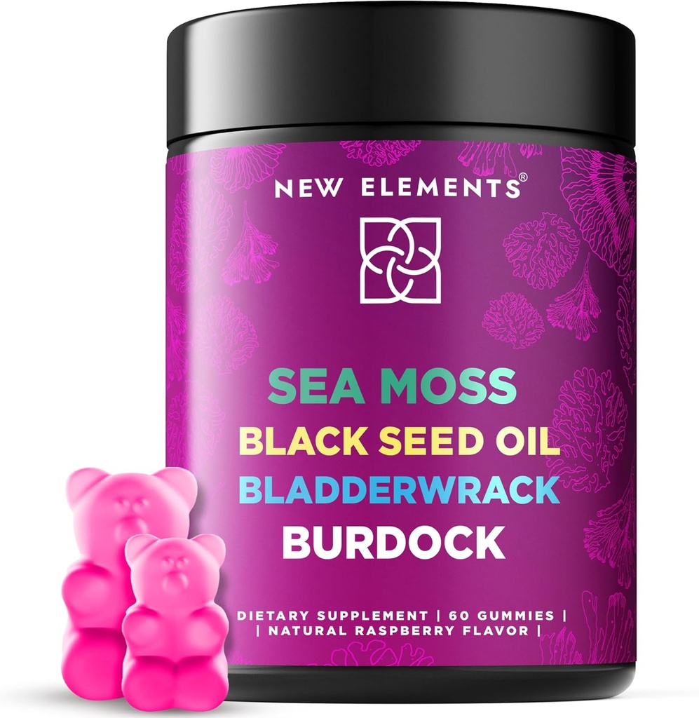 Organic Sea Moss Gummies with Black Seed Oil, Bladderwrack & Burdock Root Agregat 124; Irish Sea Moss Supplement 1000mg Agregat 124; 4 in 1 Advanced Formula 4X Stronger Agregates 124; Malina Flavor 124; Vegan Agregat 124; Non-GMO Agregat 124; Gluten- Free