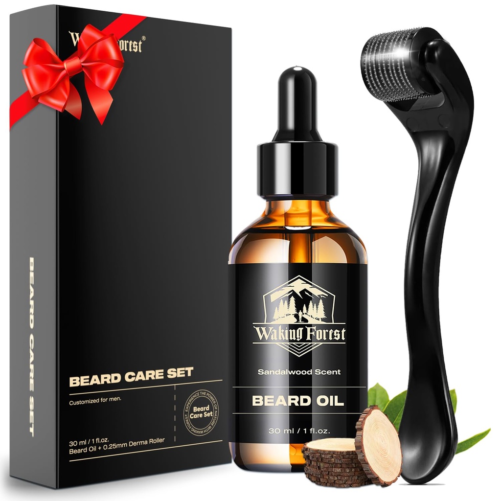Waking Forest Derma Roller 0.25mm & Beard Oil (1oz), Sandalwood Beard Kit, Mikroneedle Beard Roller z 540 Tytanu, Natural Moisturize z witaminą E Beard Oil dla mężczyzn, Ojcowie Chłopak Tata