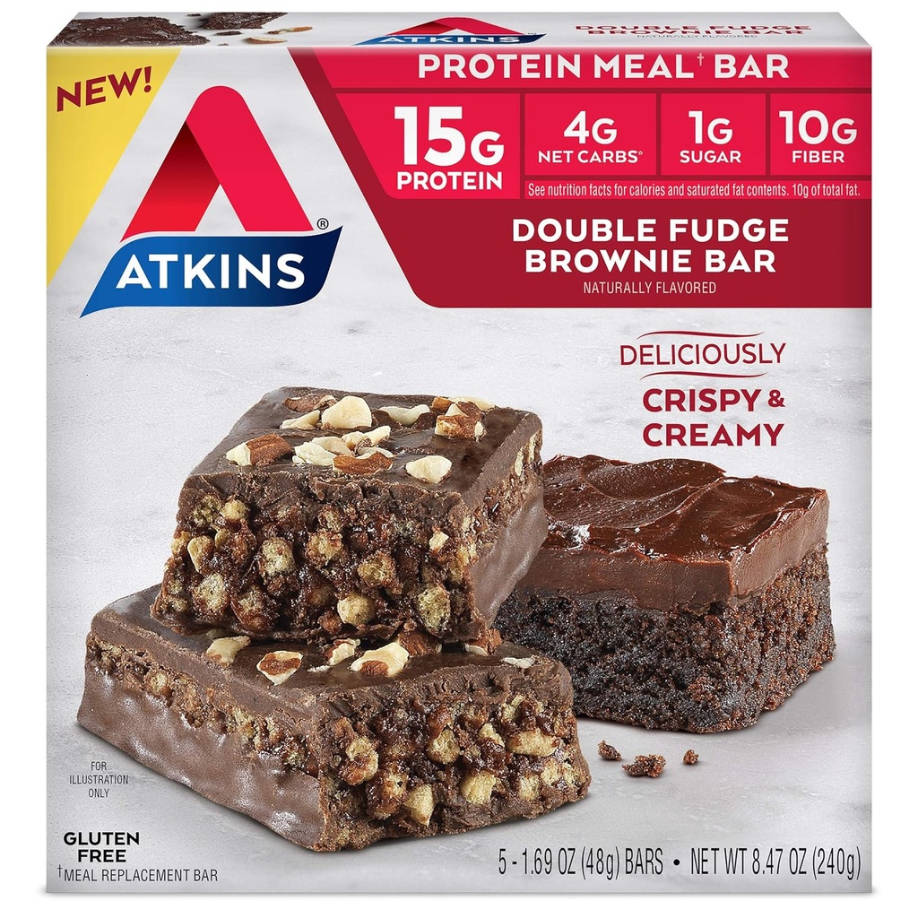 Atkins Double Fudge Brownie Protein Meal Bar, High Fiber, 15 g Protein, 1 g Sugar, 4g Net Carb, Meal Replacement, Keto Friendly