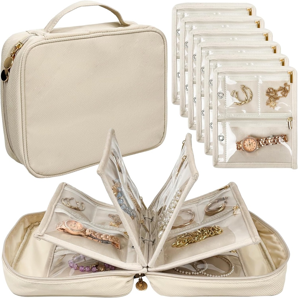 Travel Jewelry Organizator Case, Biżuteria Torby Biżuteria Składowanie Biżuteria Biżuteria Binder z Clear Zipper Velvet Pouch dla podróży, Kolczyki, Pierścienie, Naszyjnik, Bransoletka (biały)