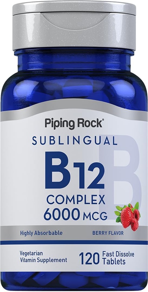 Piping Rock Sublingual B12 Complex 6000 μg 124; 120 Szybko rozpuszczalne tabletki 124; Berry Flavor 124; Wegetarian, Non-GMO & Gluten Free