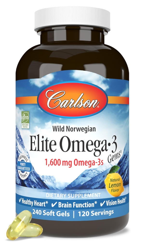 Carlson Elite Omega-3 Gems, 1600 mg Omega-3 z EPA & DHA, Lemon Flavor, 240 Softgels - Wild- Caught Nordic Fish Oil, zrównoważonysourced