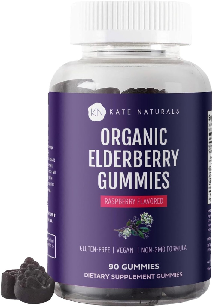 Kate Naturals Elderberry Gummies z witaminą C i cynkiem dla dorosłych i dzieci. Smaczne gumki Sambucus Elderberry do wsparcia immunologicznego (90 gumek, 45 Day Supply, Organic)
