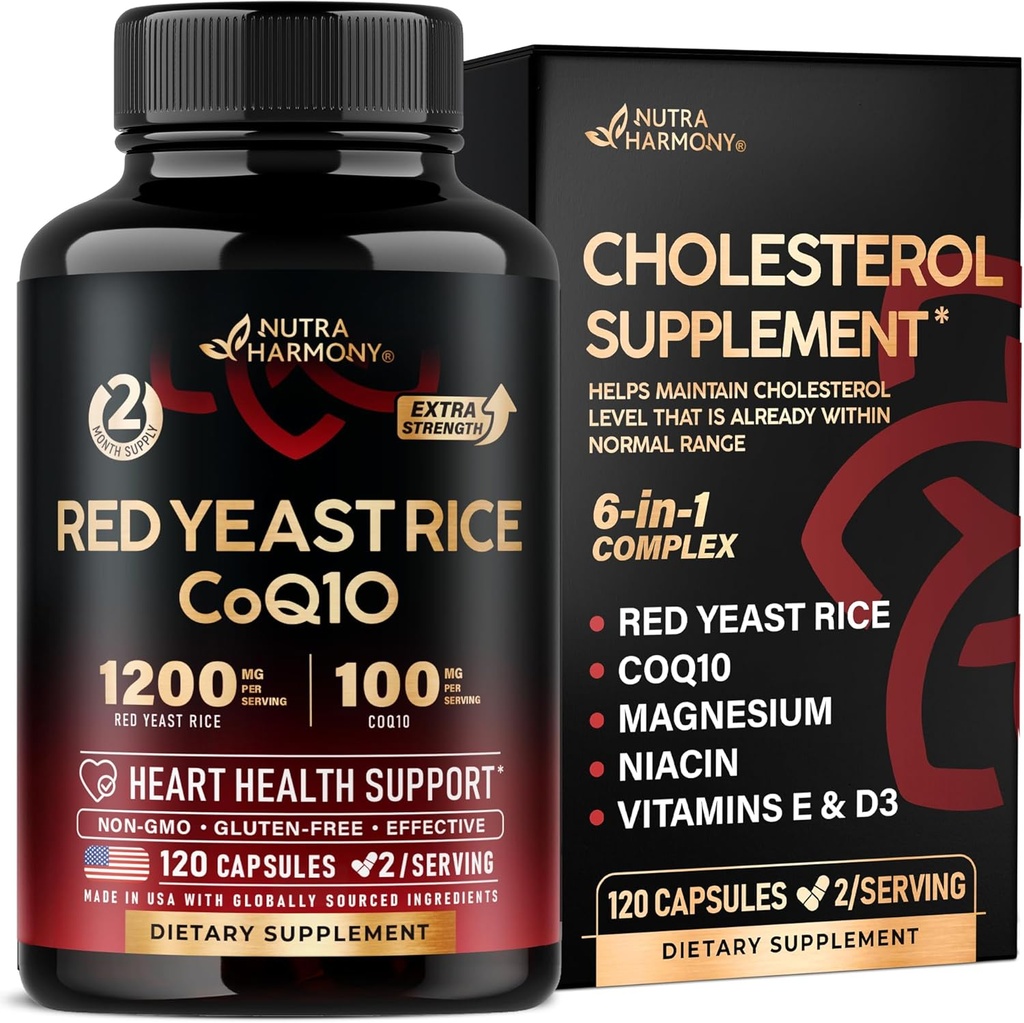 Red Yeast Rice 1200 mg z CoQ10 100 mg - z Magnezu 124; Niacyna z 124; Witamina E & D3 - Heart Health Support, Energia & Metabolizm - skuteczne, Flush- wolne od flush- Tested laboratoryjny - Made in USA, 120 Kapsułki
