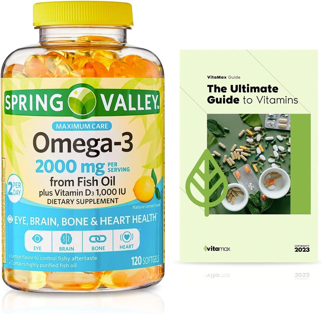 Spring Valley Omega-3 z oleju rybnego 2000 mg, Maksymalna opieka, 120 Count + ekskluzywny VitaMax Witamina Przewodnik (2 produkty)