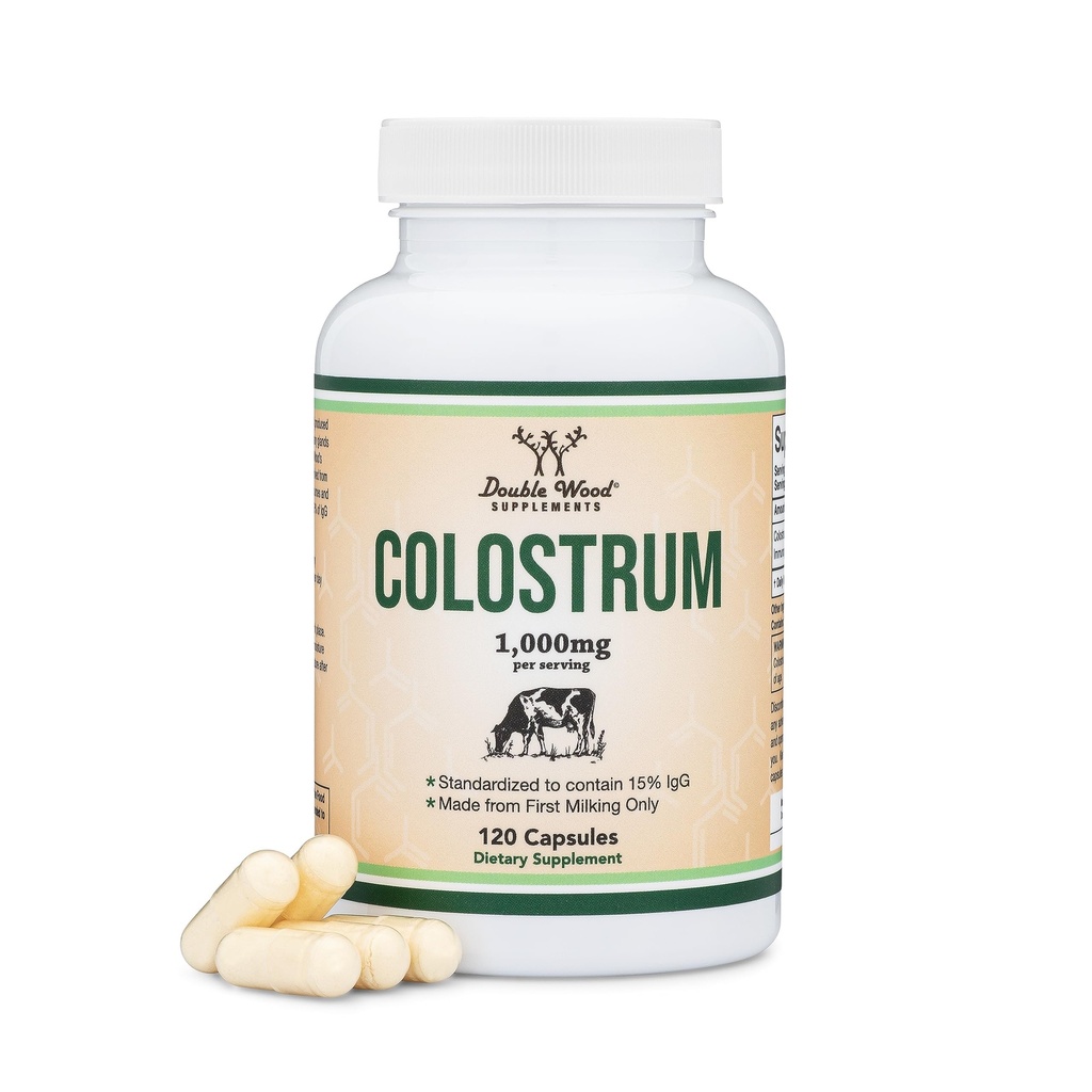 Colostrum Supplement 120 Kapsułki, 1000 mg na jedną porcję (Bovine Colostrum Powder from First Milking Only, Std. to contain 15% IgG Immunoglobulin) No Fillers, Trzecia strona Tested by Double Wood
