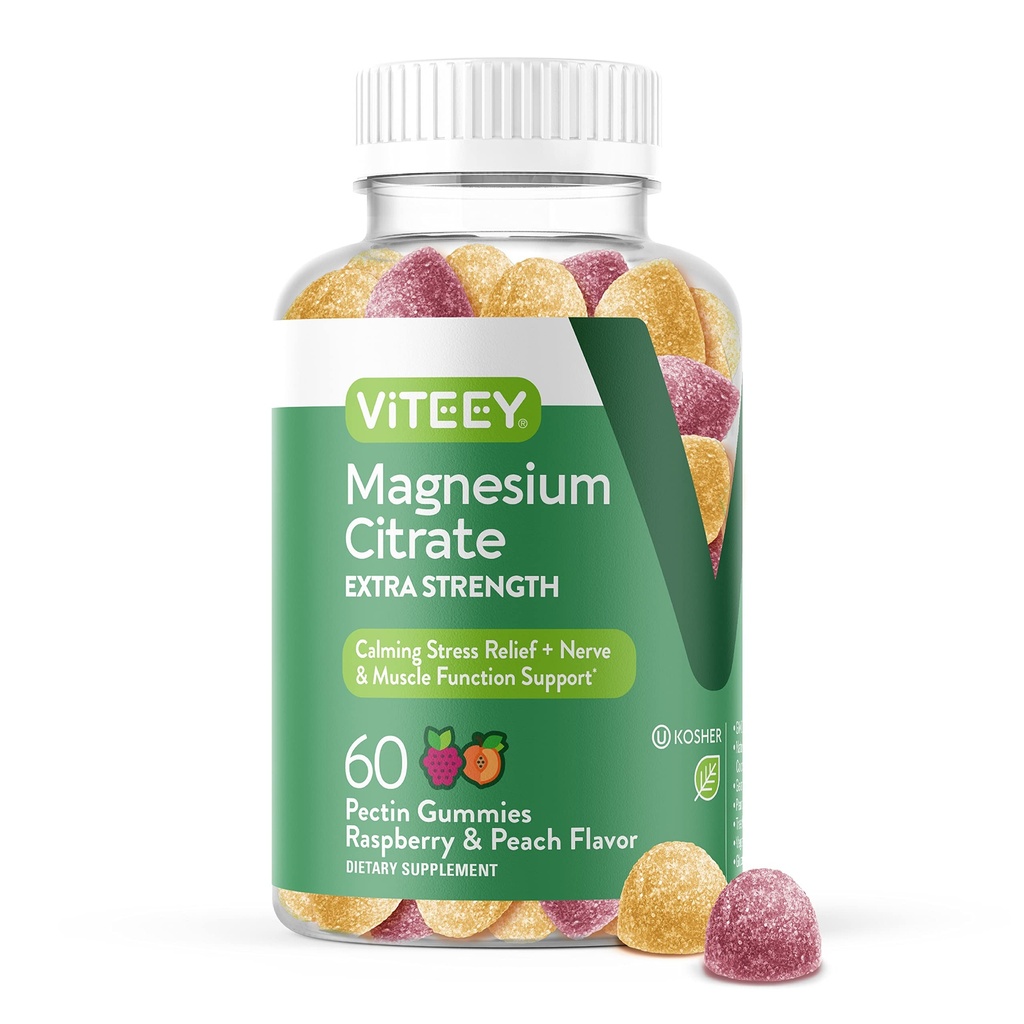 Gummy Magnezu VITEEY dla dorosłych - 170mg Gummy Cytratu magnezu dla uspokojenia, snu, Nerwy i Mięśnie - Wegan, Gluten Free - 60 Count