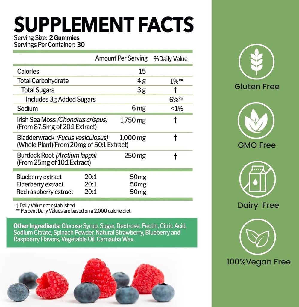 Sea Moss Gummies with Bladderwrack and Burdock Root | Wildcrafted Irish Sea Moss for Immune, Thyroid Support | 100% Vegan Dietary Supplements | Non-GMO, Gluten-Free, Dairy-Free | 60 Gummies