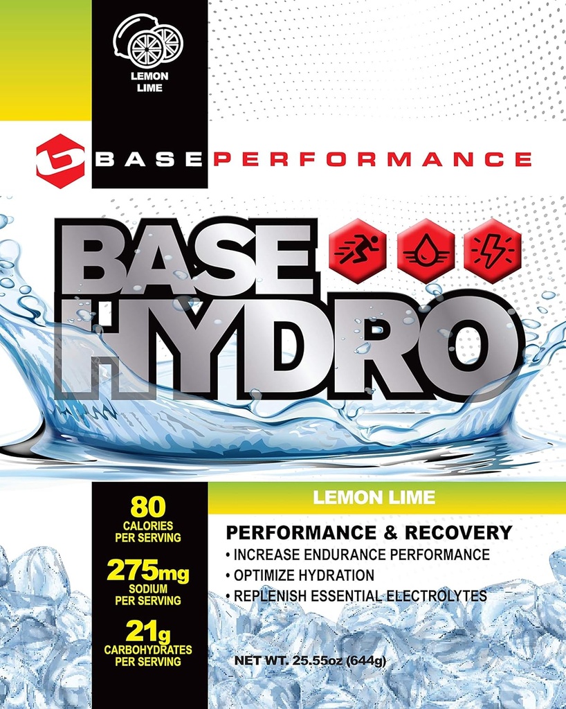 BASE Performance Hydro - Lemon Wapno 124; 28 porcji w ramach każdego przyjaznego środowisku worka milarskiego 124; Mieszanka dekstrozy, fruktozy, maltodekstryny i niezbędnych elektrolitów.