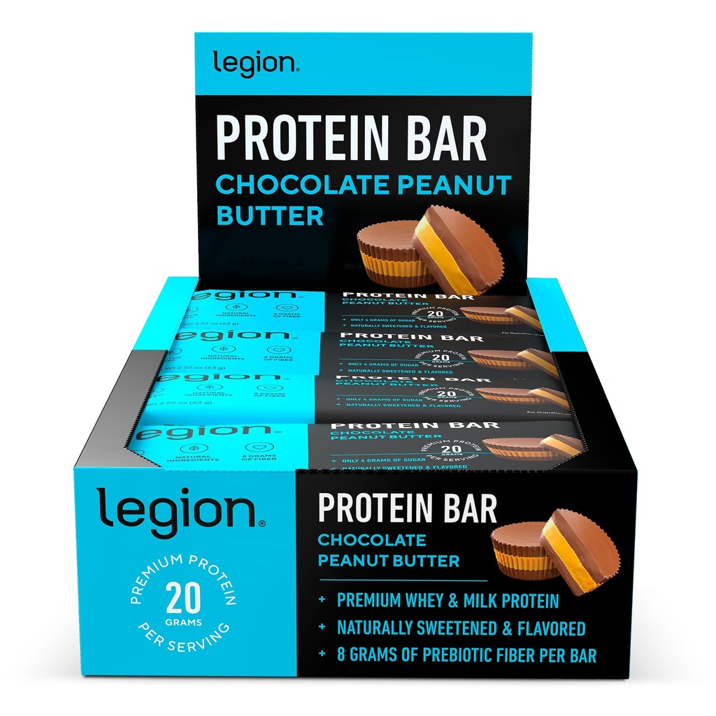 Legion Protein Bar Chocolate Peanut Masło -100% Białko serwatki, Bary piekarskie z prebiotycznym włóknem - Wysokie białko (20g) Niski tłuszcz (12g) Niski cukier (4g), No Soy, Gluten - Naturalne aromaty (12 Hr)