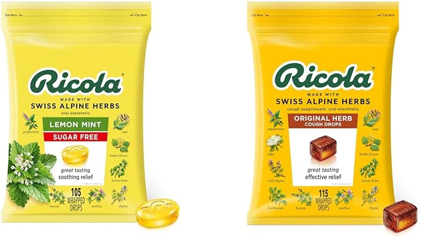 Ricola Sugar Free Lemon Mint Herbal Cough Supressant Throat Drops, 105ct Bag & Original Natural Herb Cough Drops, 115 Count, Cough Supressant & Throat Relieving Drops