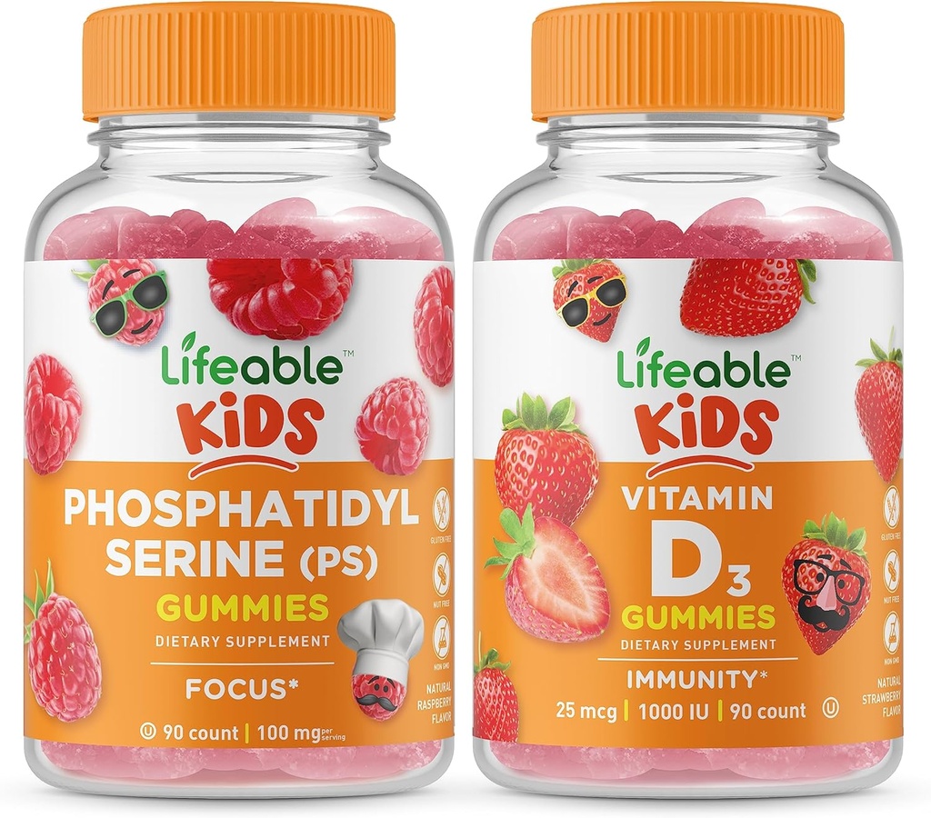 Żywa fosfatydyloseryna (PS) Dzieci + Witamina D Dzieci, Gummies Bundle - Great Desting, Suplement witaminy, Gluten Free, GMO Free, Gummy do żucia
