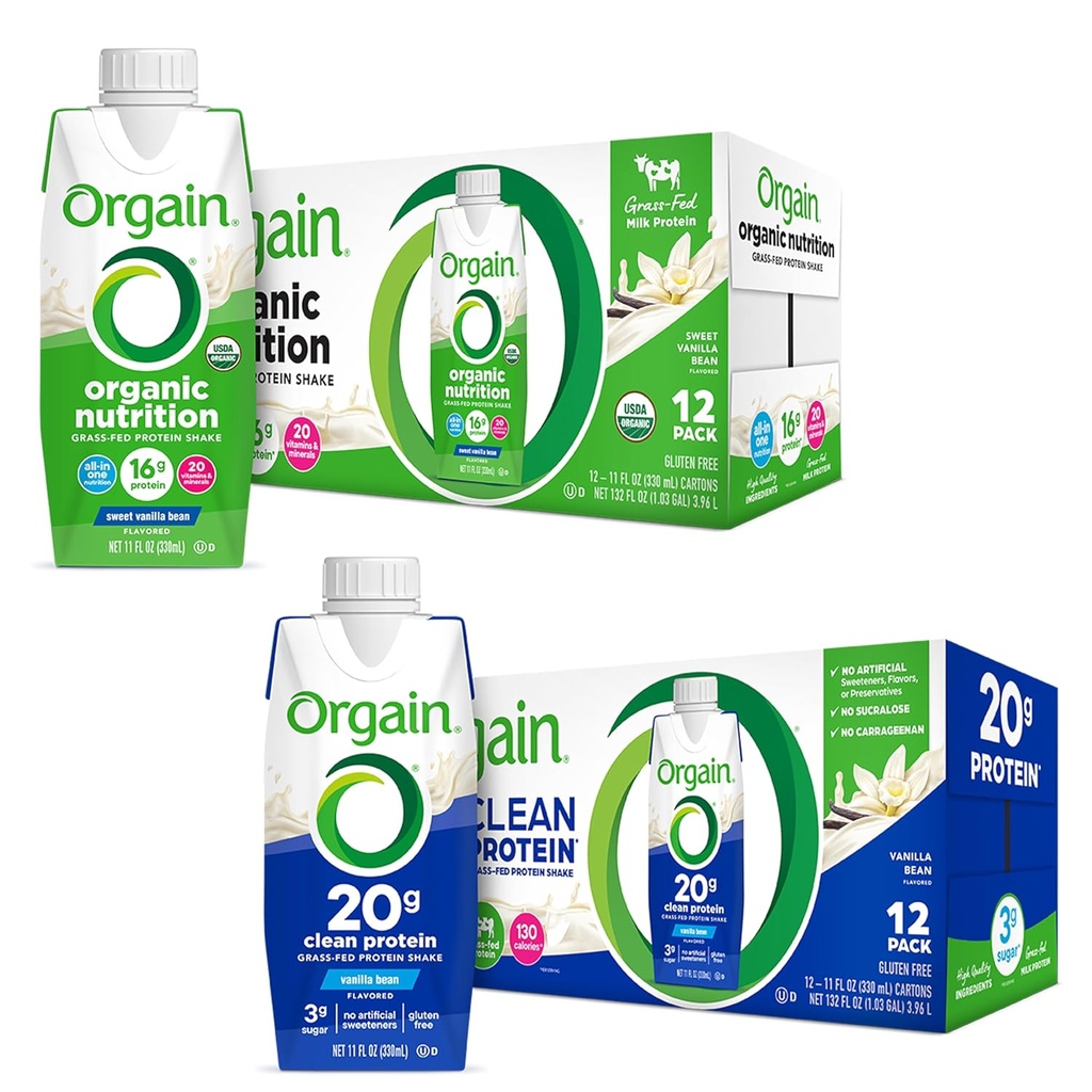 Orgain Protein Shakes Bundle - Serwatka z trawy i białko mleka, Vanilla Flavored (12 opakowań)