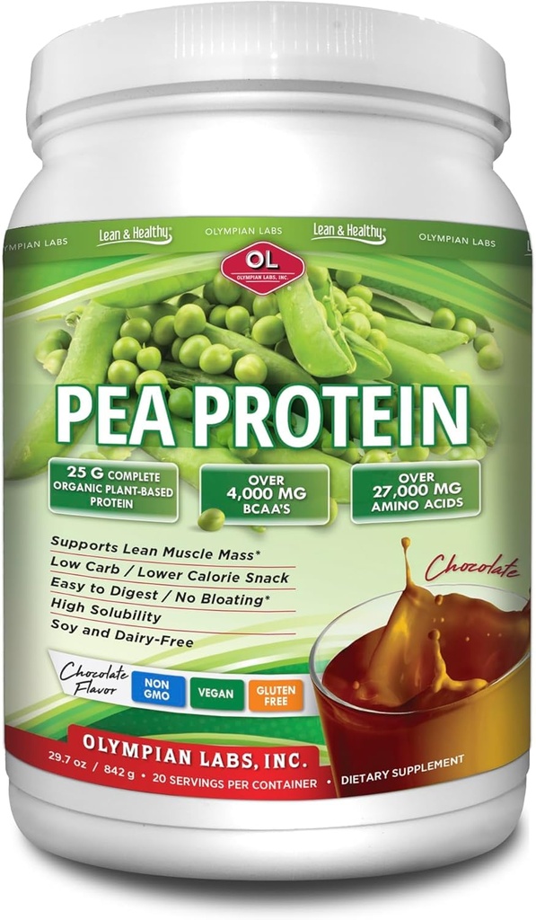 Olympian Labs Plant Based Pea Protein Powder, Czekolada - 25g białka, Wegan, Węglowodory niskonetto, Gluten Free, Laktoza Free, Nie dodano cukru, Soy Free, Non-GMO, 2 Pound Pea Protein
