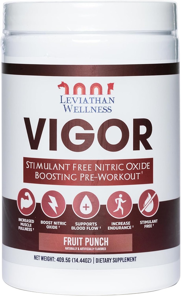 Vigor - Bezstymulantowy tlenek azotu Pre- Workout proszku 124; L- Citrulina (5000mg), Kwas jabłkowy (2000mg), GlycerPump (1500mg) 124; Owoce Punch 124; 30 Sługi, 13.86g Każdy z 124; Made in USA