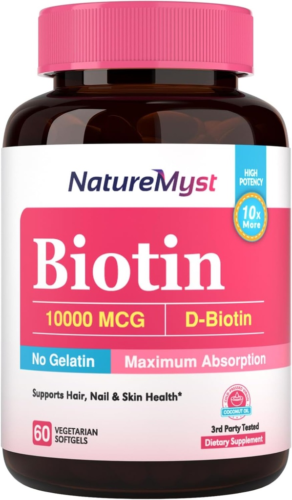 Biotin 10000 µg, Wysoka potencja, Biologicznie aktywny, Cold- Pressed oleju kokosowego dla maksymalnej absorpcji, bez żelatyny, włosy, paznokcie, skóra, 60 Softgels wegetariańskie