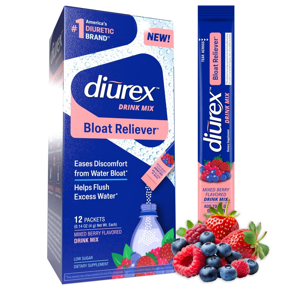 Diurex Drink Mix - Suplement diuretyczny - Mieszany aromat jagodowy - Relief Bloat z Diurex Proprietary Bloat- Relieving Blend - Pojedyncza Serve - 12 Pack