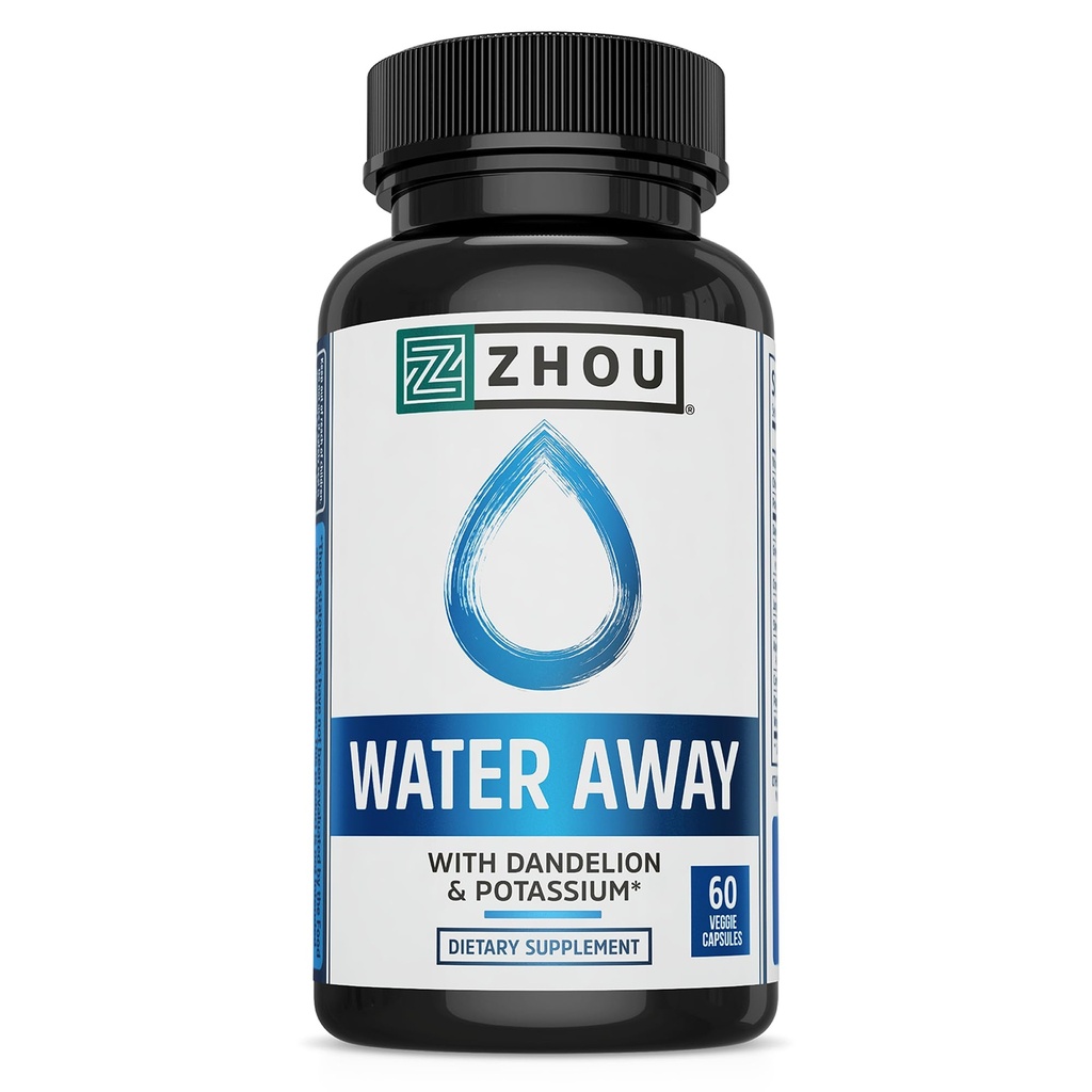 ZHOU Water Away - Natural Water Pills for Women & Men with Dandelion, Potassium, Cranberry and Green Tea, Cellular Energy and Metabolic Health - 60 Veggie Capsules (Pack of 1)