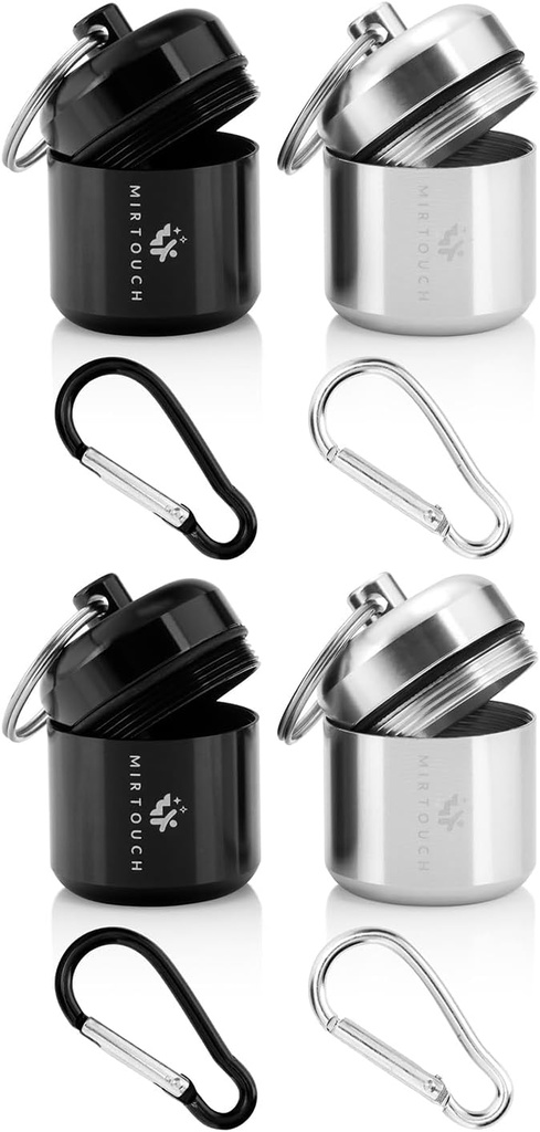 Przenośny keychain Pill Holder Case for Round Glucose Tablets & Critical Medicine - Dyscreet Waterproof Key Pill Chain Container Carrier with Strong Carabiners - Aluminium Alloy Pill Fob Box - 4 Pack