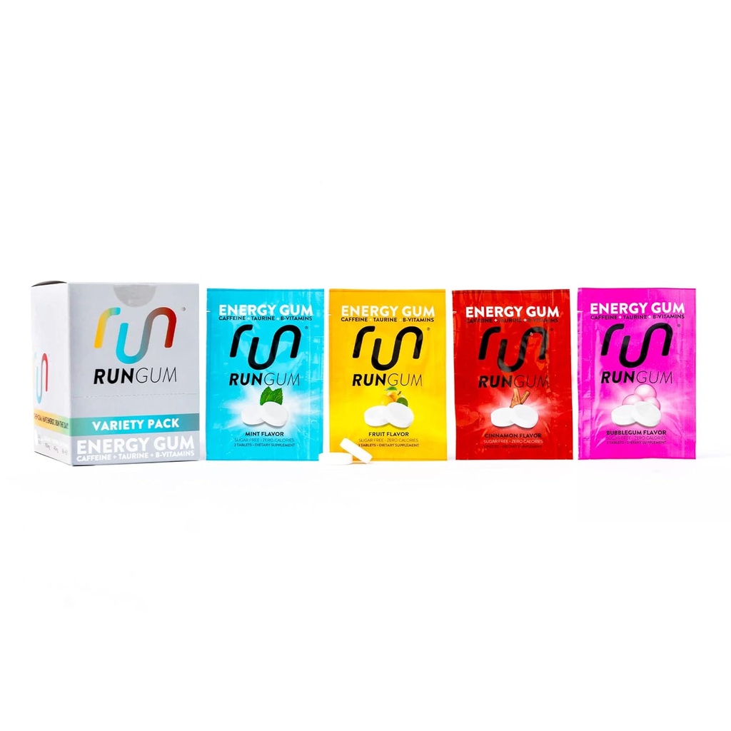 RUN GUM Variety PackEnergy Gum 50mg Kofeina Tauryna & B- Witaminy na kawałek, 24 Kawałki (Opakowanie 12) Cukier wolny, Zero Calorie, Brak Aspartam i Gluten wolny