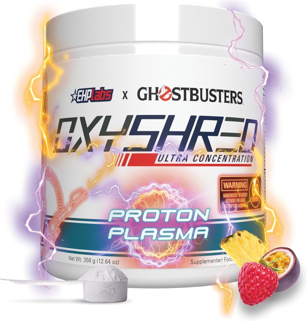EHP Labs x Ghostbusters OxyShred Wstępny trening proszku i rozdrabniania Suplement - Proszek do treningu wstępnego z acetylem L Karnityna, Energy Boost Drink - Proton Plazma, 60 Służenie