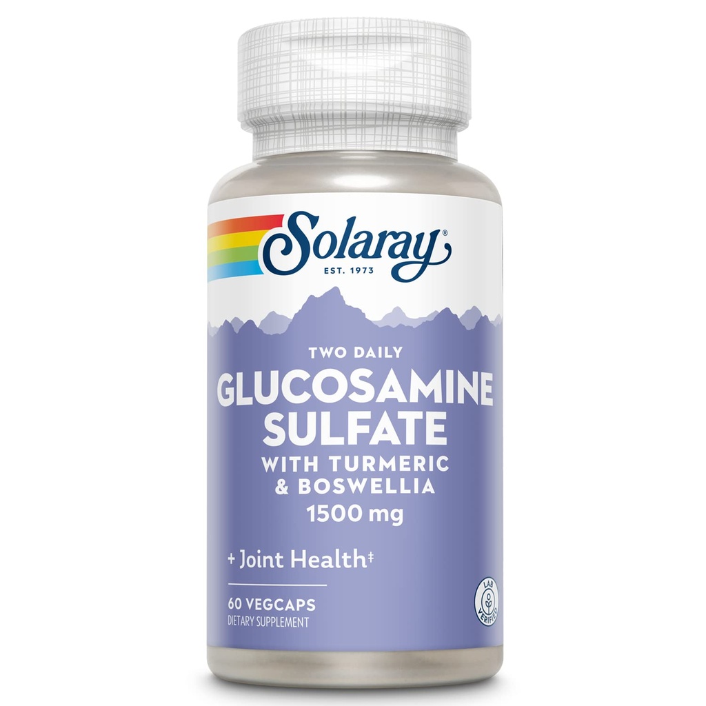 SOLARAY Glukozamina siarczan 1500mg, Zdrowy suplement wsparcia wspólnego, Potężna tkanka łącząca i Joint Health Formuła z Turmeric & Boswella, 60- Day Money Back Guarantee, 30 Serv, 60 VegCaps