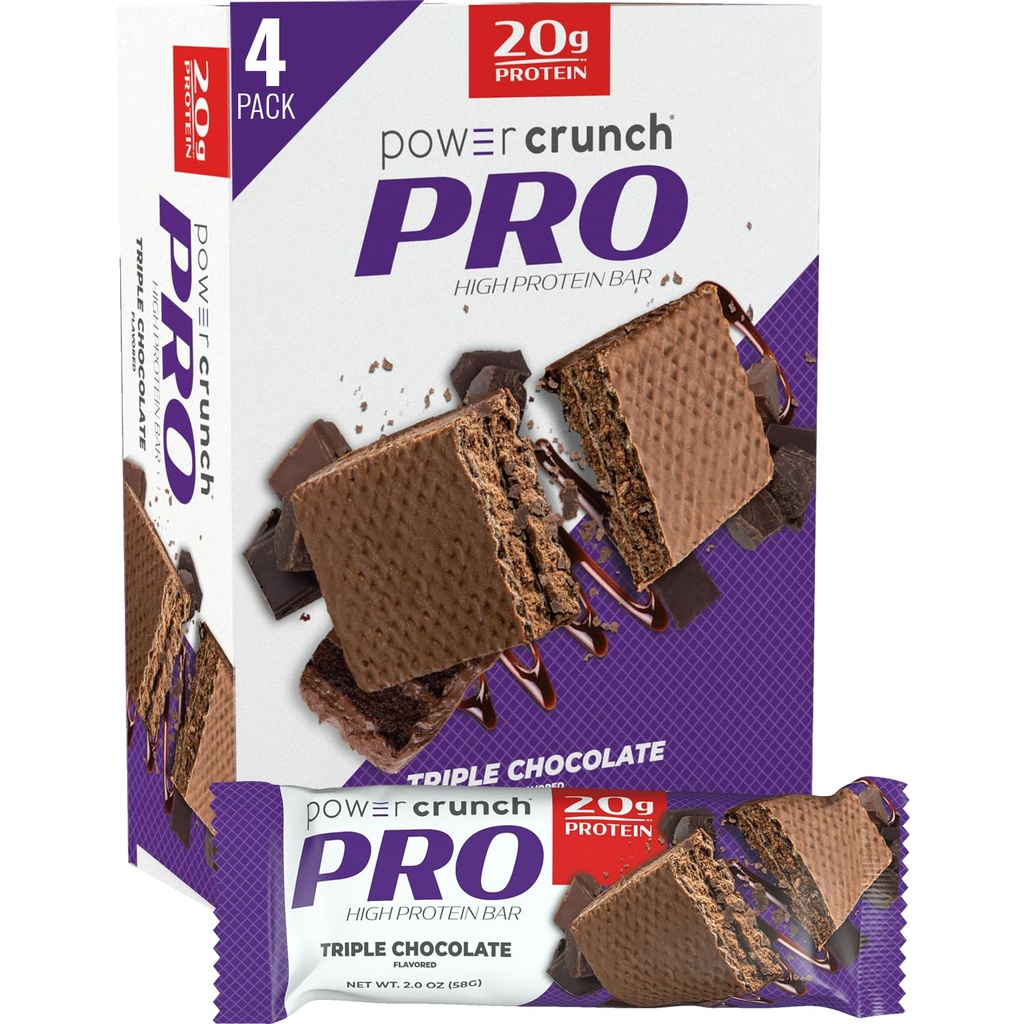 Power Crunch PRO Protein Wafer Bary, Wysokie proteiny przekąski z pysznym smakiem, Triple Chocolate, 2.0 unce (4 Count)