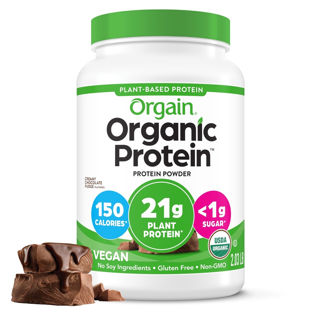 Orgain Organic Vegan Protein Powder, Creamy Chocolate Fudge - 21g Białko roślin, 6g włókno prebiotyczne, niskonetto Carb, Brak składników laktozy, Nie dodawany cukier, Nie-GMO, Dla shakes & Smoothies, 2.03 lb