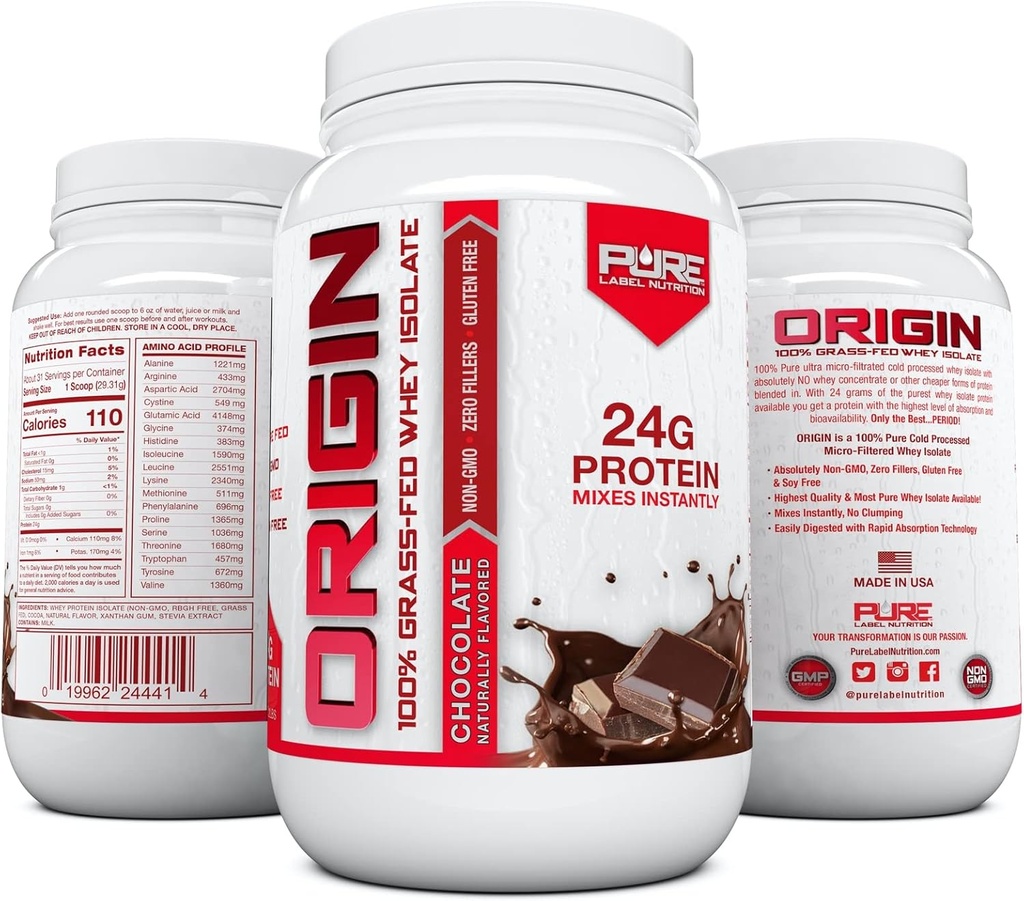 Czyste odżywianie etykiet 100% Grass- Fed, Czekoladowy serwatkowy Isolate Protein Powder (24g) z esential Amino Acids, for Pre and Post Workout Recovery & Muscle Building, Low Fat & Low Carbs - 2lbs