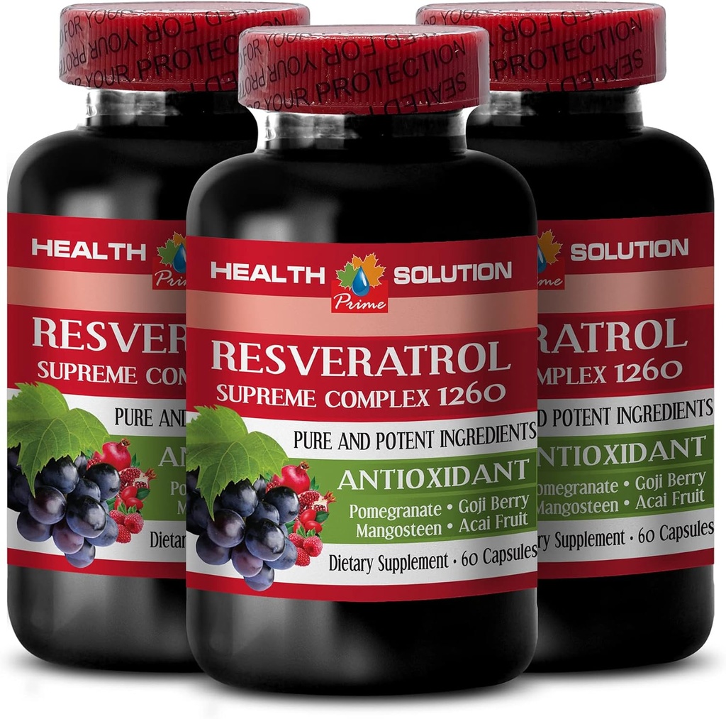 Amplify Your Natural Stamina - RESVERATROL SUPREME COMPLEX - Resveratrol Extract with Goji Berry, Acai, Noni, Pomegranat, Mangosteen, Mieszanka Superfruit, Przeciwutleniacz, Wsparcie immunologiczne, 3 Bot 180 Czapki
