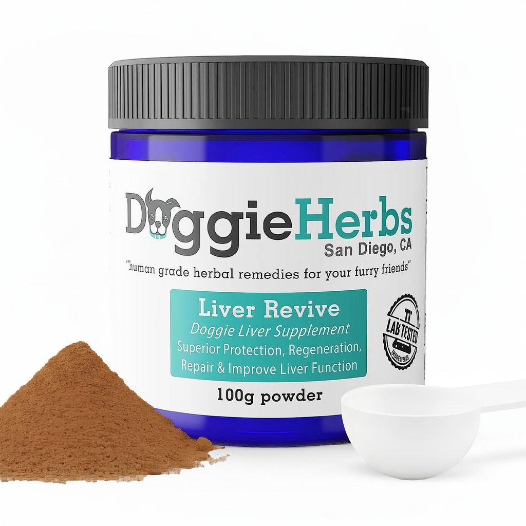 Wątroba Revive Dog suplement zdrowia wątroby przez Doggie Herbs - Ludzkiej klasy roślina roślinna na bazie do leczenia wątroby, Ochrona, Naprawa i Poprawa 100g w / Scoop