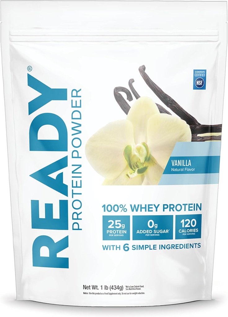 Proszek do protein Ready ® - 25g białka serwatki, 120 kalorii, 0 g dodawanego cukru - 7 prostych składników - brak sztucznych dodatków - bez glutenu, czyste i naturalne - wanilia (1 worek funtowy)