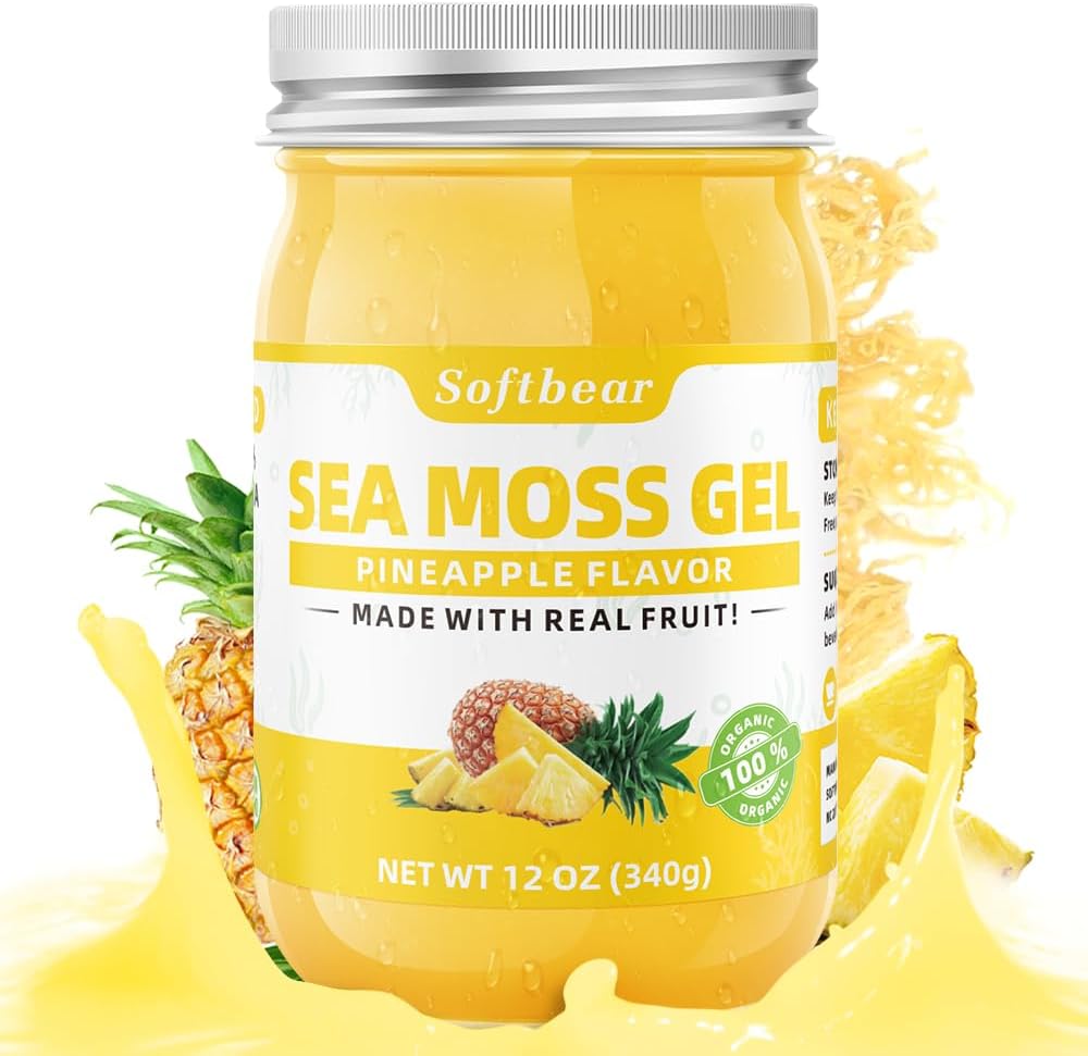 softbear Sea Moss Gel Ananas Flavored 12 OZ - Wildcrafted Irish Sea Moss Gel Organic Raw 92 Minerały i Vitamin Non-GMO Gluten- Wolne Wegan Suplementy immunologiczne Tyroid Digestive Support